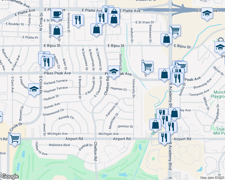 map of restaurants, bars, coffee shops, grocery stores, and more near 3608 Fairmont Place in Colorado Springs