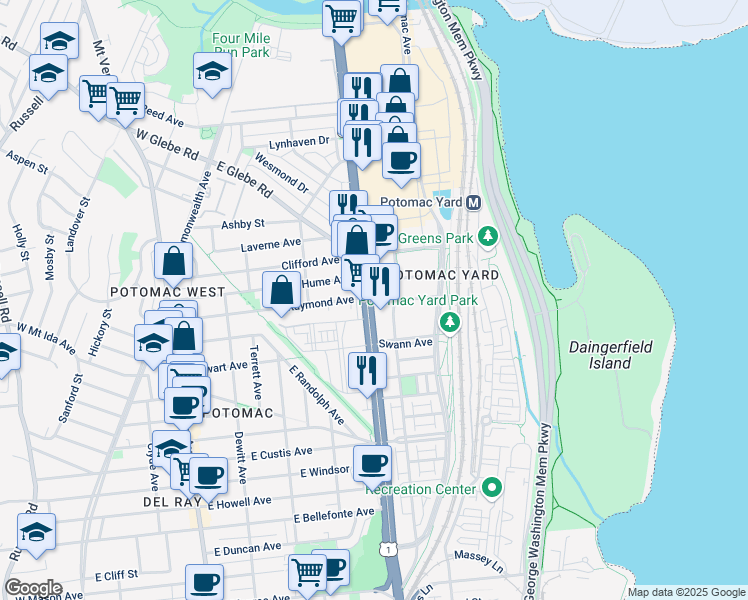 map of restaurants, bars, coffee shops, grocery stores, and more near 2801 U.S. 1 in Alexandria