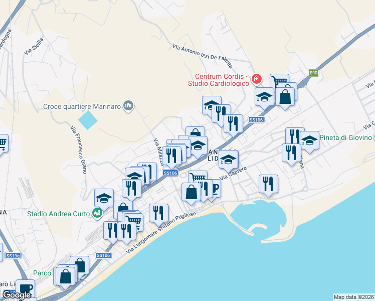 map of restaurants, bars, coffee shops, grocery stores, and more near 154 Viale Crotone in Catanzaro