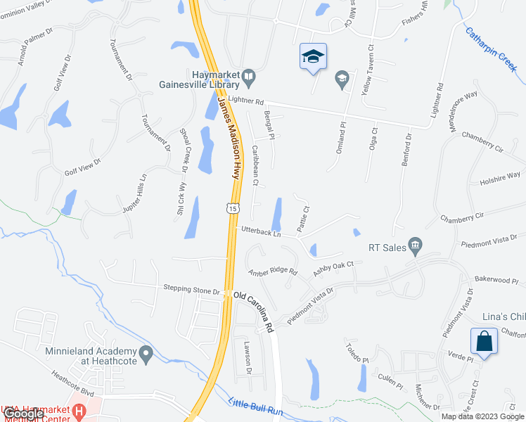 map of restaurants, bars, coffee shops, grocery stores, and more near 14865 Timor Court in Haymarket