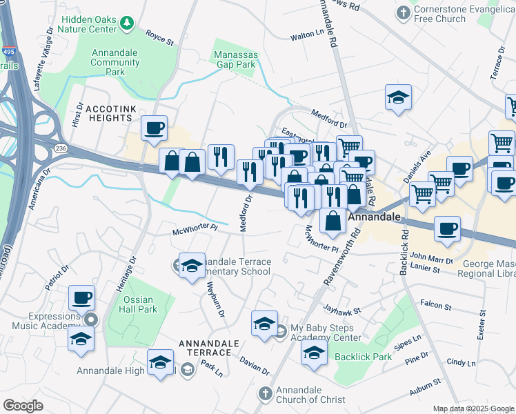 map of restaurants, bars, coffee shops, grocery stores, and more near 7471 Little River Turnpike in Annandale