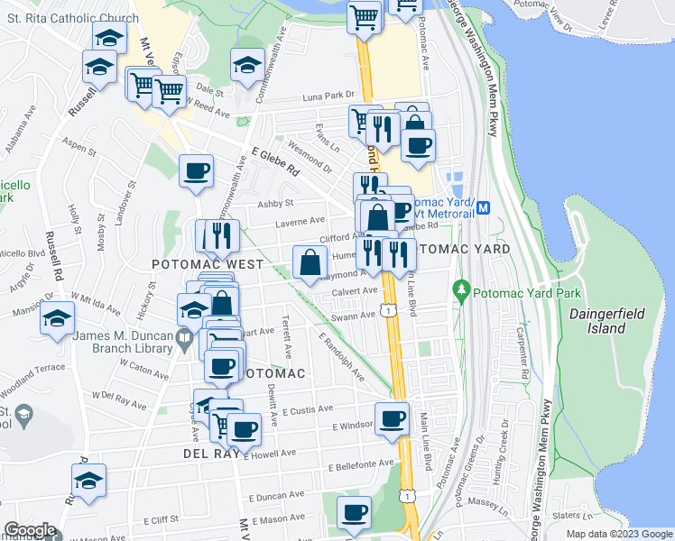 map of restaurants, bars, coffee shops, grocery stores, and more near 400 East Raymond Avenue in Alexandria