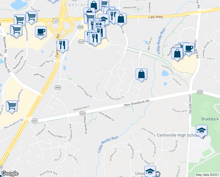 map of restaurants, bars, coffee shops, grocery stores, and more near 13841 Wakley Court in Centreville