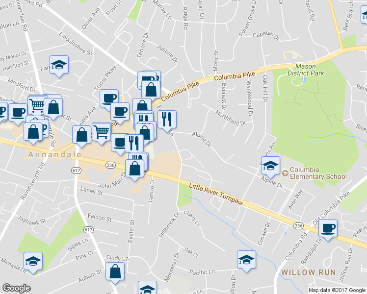 map of restaurants, bars, coffee shops, grocery stores, and more near 4309 Greenberry Lane in Annandale