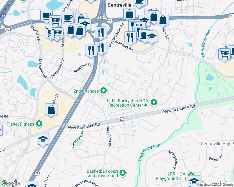 map of restaurants, bars, coffee shops, grocery stores, and more near 6054 Deer Hill Court in Centreville
