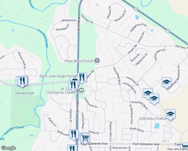 map of restaurants, bars, coffee shops, grocery stores, and more near 4 Blueberry Court in O'Fallon