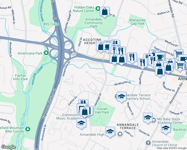 map of restaurants, bars, coffee shops, grocery stores, and more near 7734 Donnybrook Court in Annandale