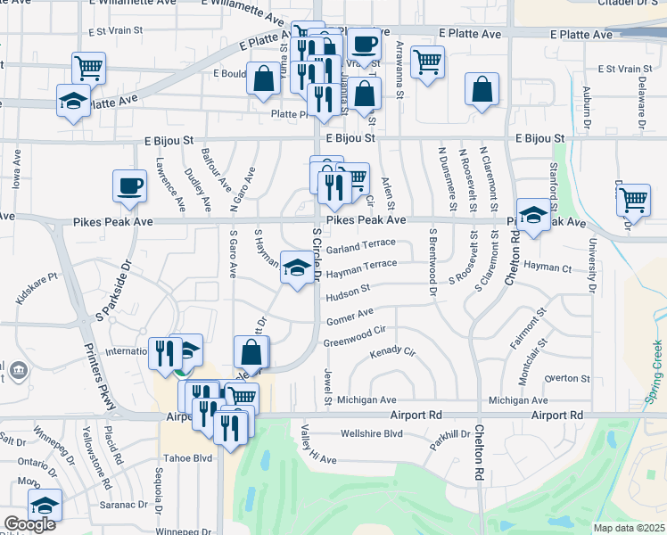 map of restaurants, bars, coffee shops, grocery stores, and more near 2815 Hayman Terrace in Colorado Springs