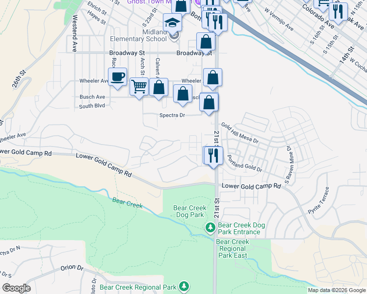 map of restaurants, bars, coffee shops, grocery stores, and more near 2445 Wheaton Drive in Colorado Springs