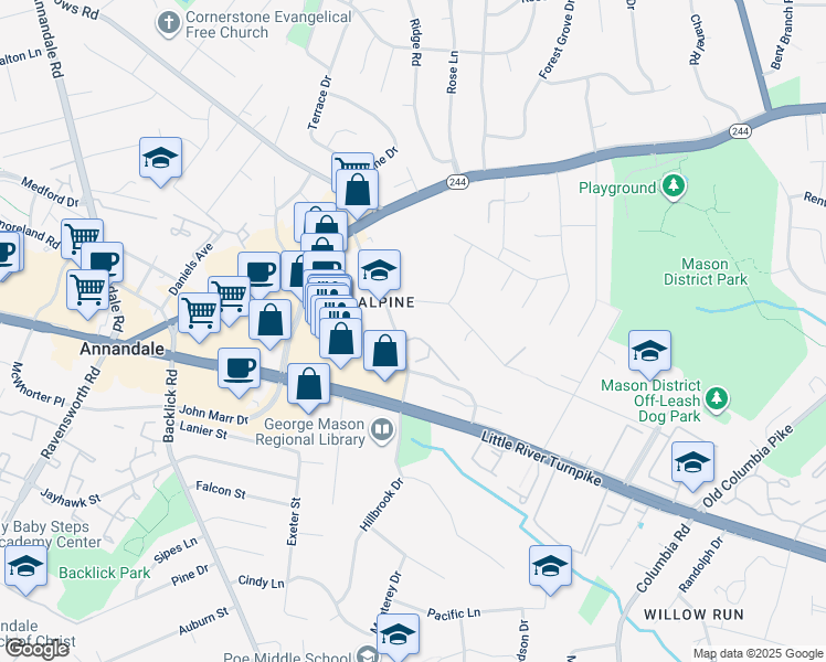 map of restaurants, bars, coffee shops, grocery stores, and more near 4309 Greenberry Lane in Annandale