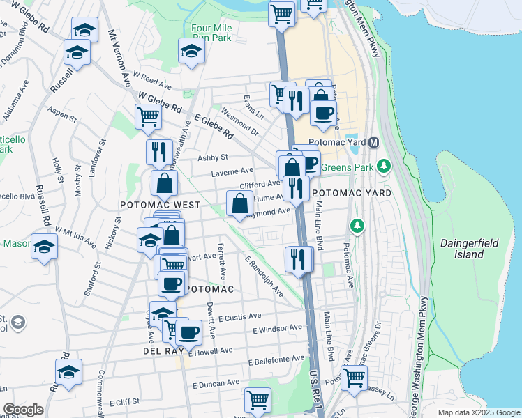 map of restaurants, bars, coffee shops, grocery stores, and more near 101 Independence Avenue Southeast in Washington