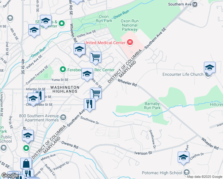 map of restaurants, bars, coffee shops, grocery stores, and more near 901 Southern Avenue Southeast in Washington