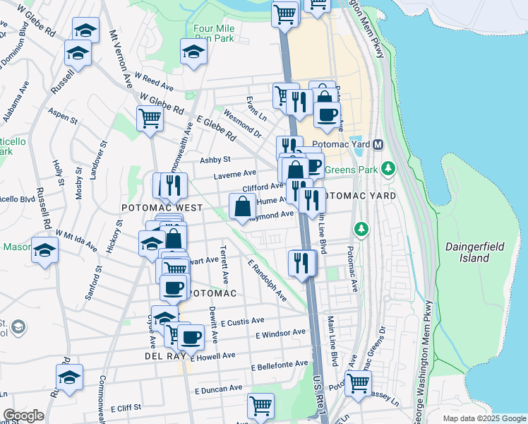 map of restaurants, bars, coffee shops, grocery stores, and more near 400 East Raymond Avenue in Alexandria