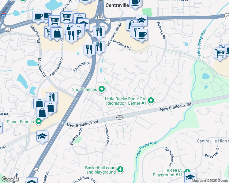 map of restaurants, bars, coffee shops, grocery stores, and more near 6054 Deer Hill Court in Centreville