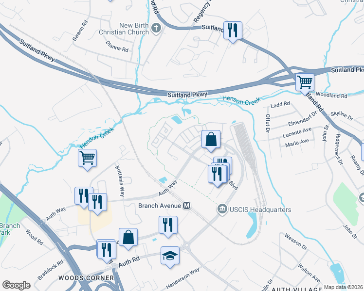 map of restaurants, bars, coffee shops, grocery stores, and more near 4300 Telfair Boulevard in Camp Springs