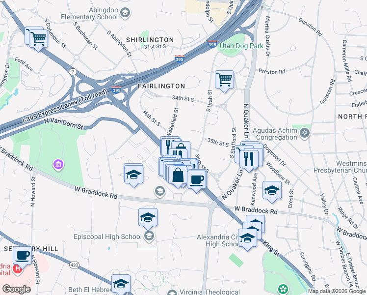 map of restaurants, bars, coffee shops, grocery stores, and more near 4504 36th Street South in Arlington