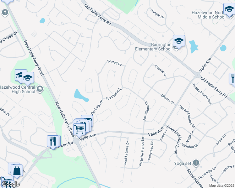 map of restaurants, bars, coffee shops, grocery stores, and more near 642 Fox Plains Drive in Florissant
