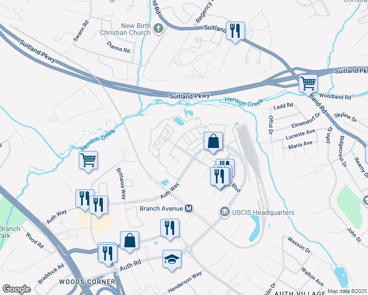 map of restaurants, bars, coffee shops, grocery stores, and more near 4300 Telfair Boulevard in Camp Springs