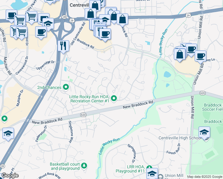 map of restaurants, bars, coffee shops, grocery stores, and more near 13843 Wakley Court in Centreville
