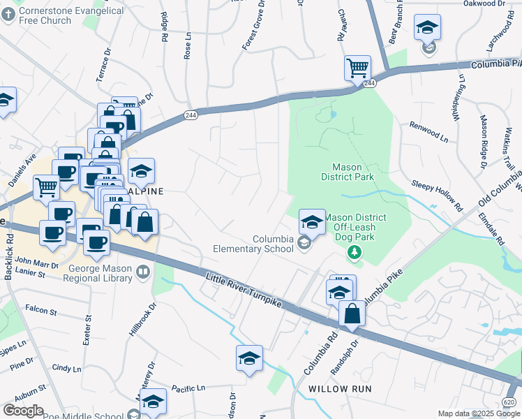map of restaurants, bars, coffee shops, grocery stores, and more near 4308 Oak Hill Drive in Annandale