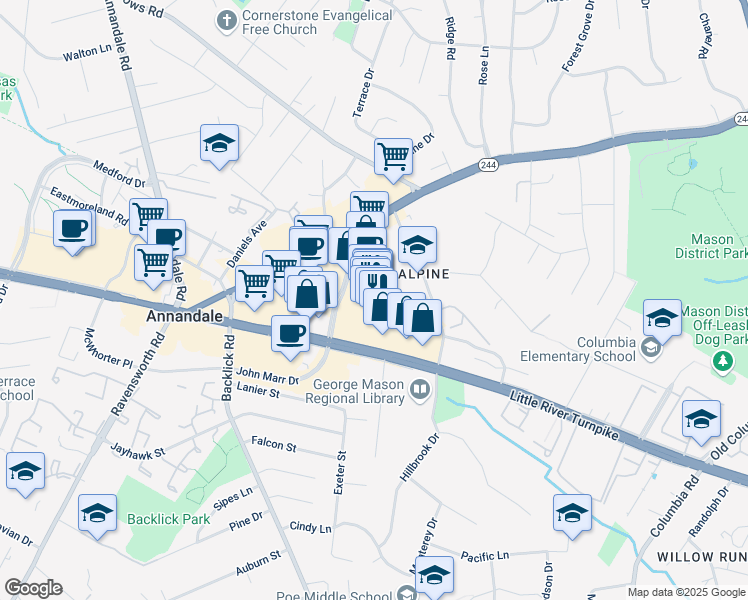 map of restaurants, bars, coffee shops, grocery stores, and more near 4221 John Marr Drive in Annandale