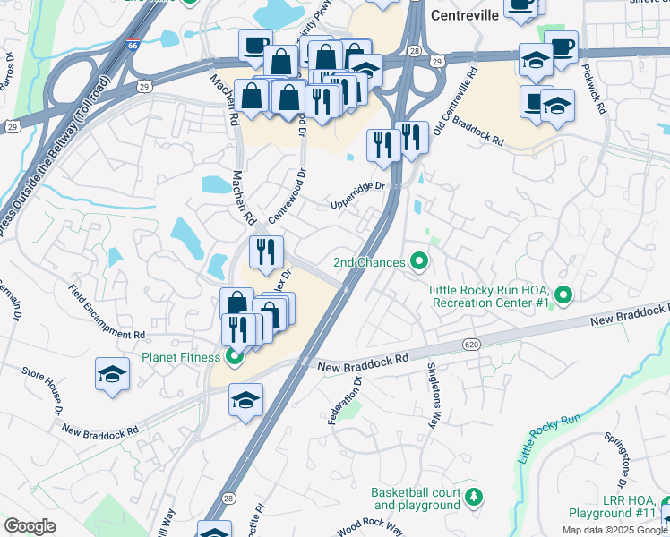 map of restaurants, bars, coffee shops, grocery stores, and more near 14075 Asher View in Centreville