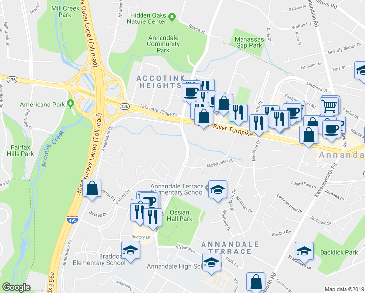 map of restaurants, bars, coffee shops, grocery stores, and more near 7725 Heritage Woods Way in Annandale