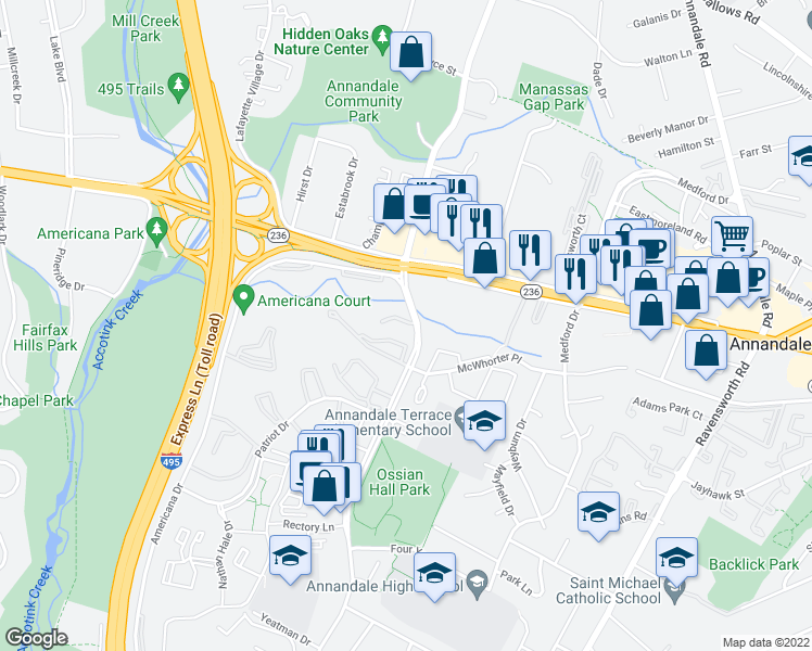 map of restaurants, bars, coffee shops, grocery stores, and more near 7725 Heritage Woods Way in Annandale