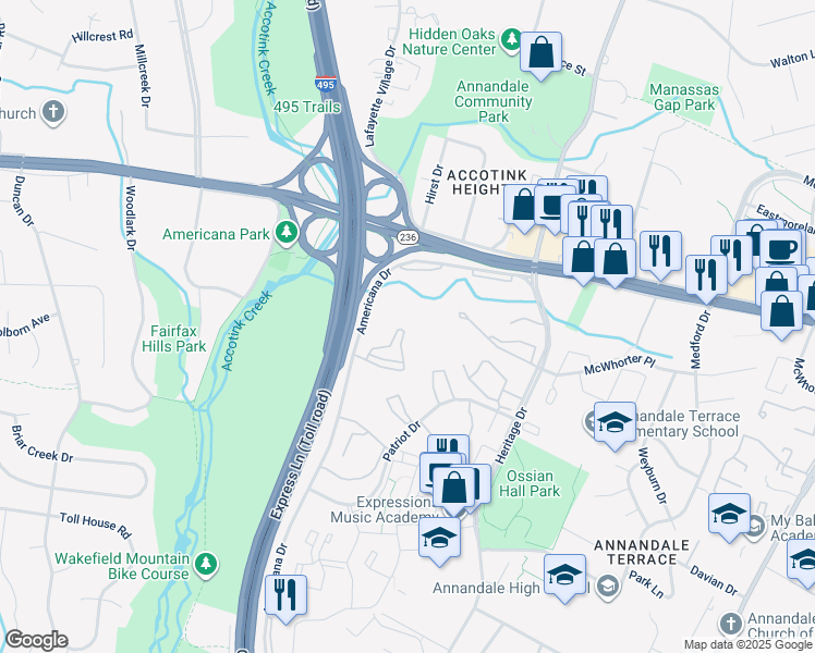 map of restaurants, bars, coffee shops, grocery stores, and more near 4319 Americana Drive in Annandale