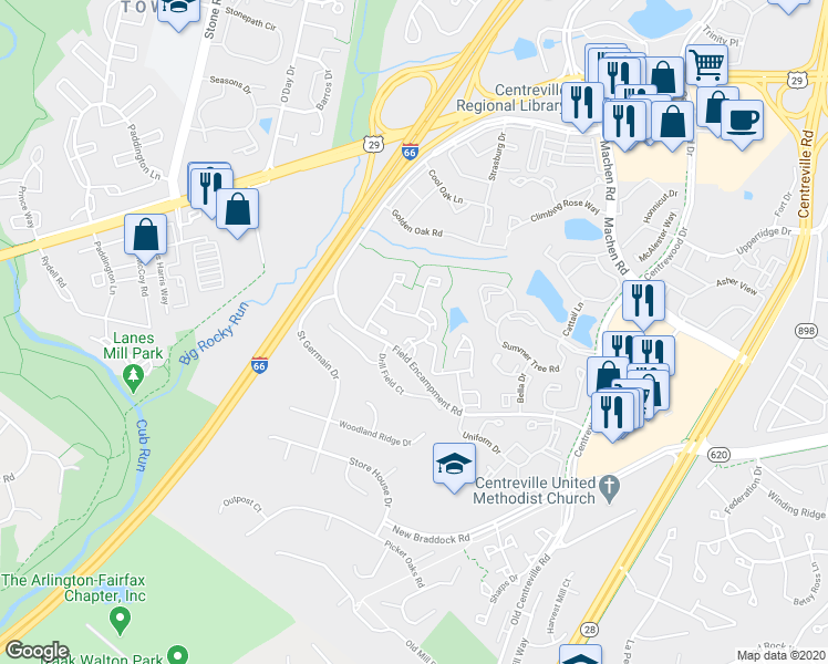 map of restaurants, bars, coffee shops, grocery stores, and more near 6304 Meadow Glade Lane in Centreville