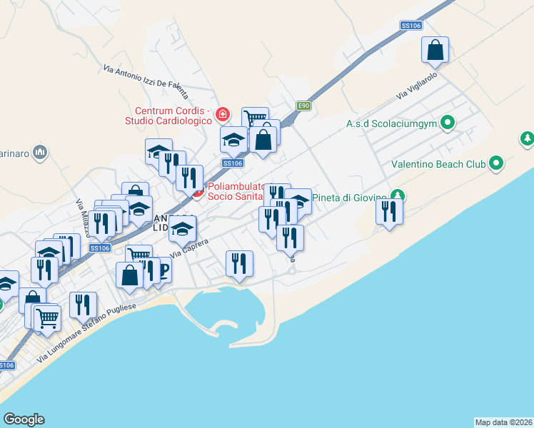 map of restaurants, bars, coffee shops, grocery stores, and more near 37 Via San Elena in Catanzaro