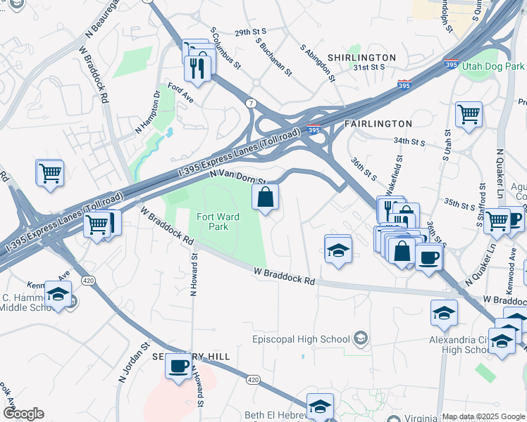 map of restaurants, bars, coffee shops, grocery stores, and more near 2206 Fort Ward Place in Alexandria