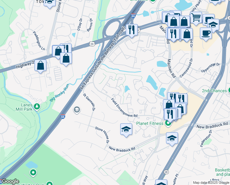map of restaurants, bars, coffee shops, grocery stores, and more near 6304 Meadow Glade Lane in Centreville