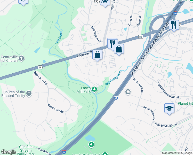 map of restaurants, bars, coffee shops, grocery stores, and more near 14801 Rydell Road in Centreville