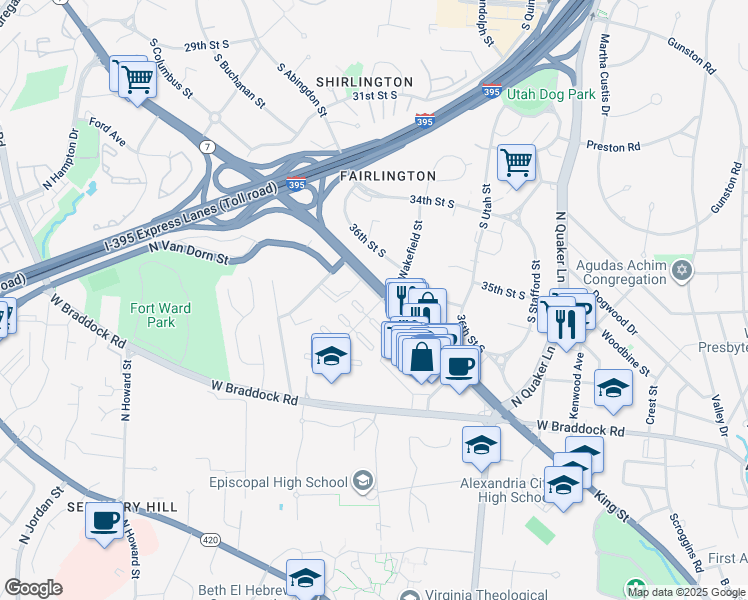 map of restaurants, bars, coffee shops, grocery stores, and more near 3800 King Street in Alexandria