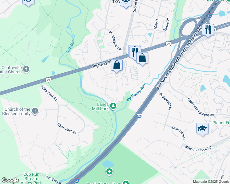 map of restaurants, bars, coffee shops, grocery stores, and more near 14801 Rydell Road in Centreville