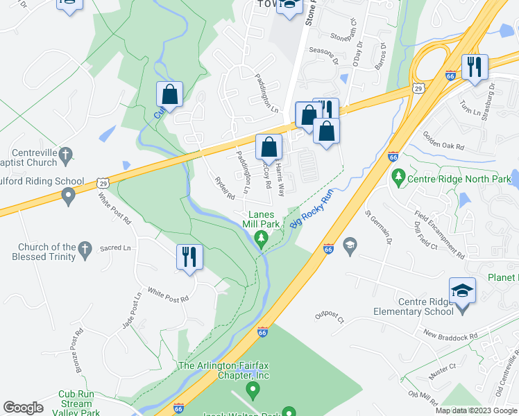 map of restaurants, bars, coffee shops, grocery stores, and more near 14807 Rydell Road in Centreville