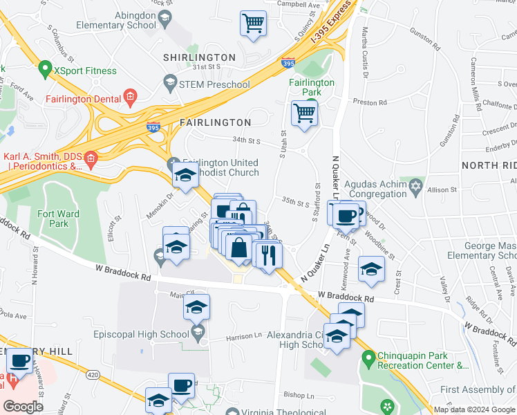map of restaurants, bars, coffee shops, grocery stores, and more near 4437 36th Street South in Arlington