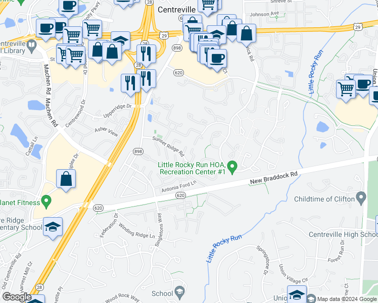 map of restaurants, bars, coffee shops, grocery stores, and more near 6012 Chestnut Hollow Court in Centreville