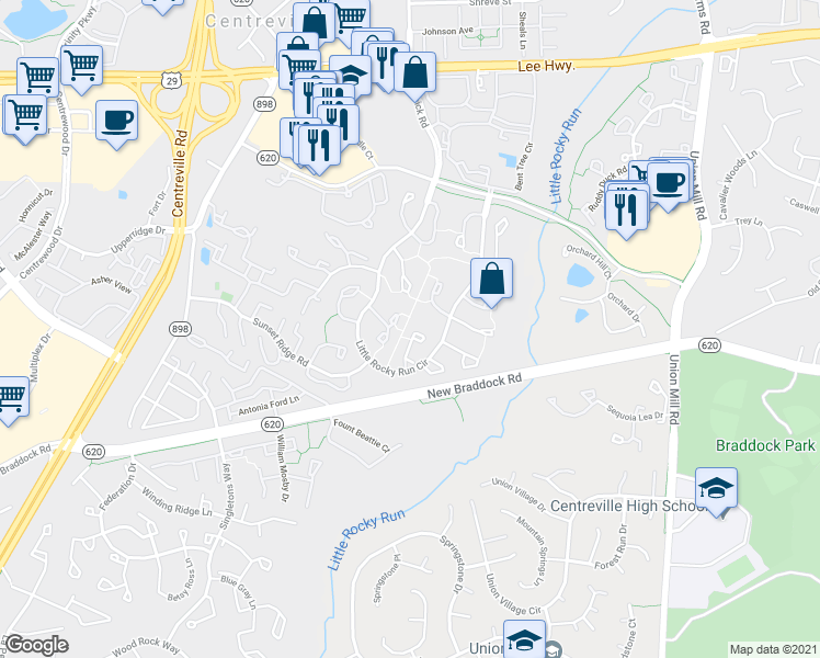 map of restaurants, bars, coffee shops, grocery stores, and more near 5912 Spruce Run Court in Centreville