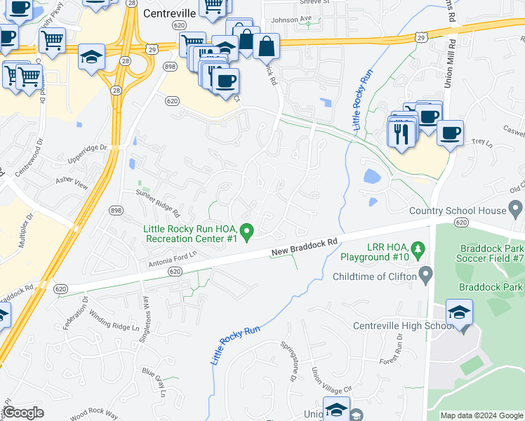 map of restaurants, bars, coffee shops, grocery stores, and more near 5912 Spruce Run Court in Centreville