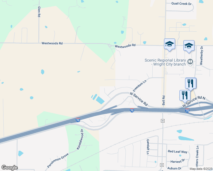 map of restaurants, bars, coffee shops, grocery stores, and more near 1 Carolina Court in Wright City