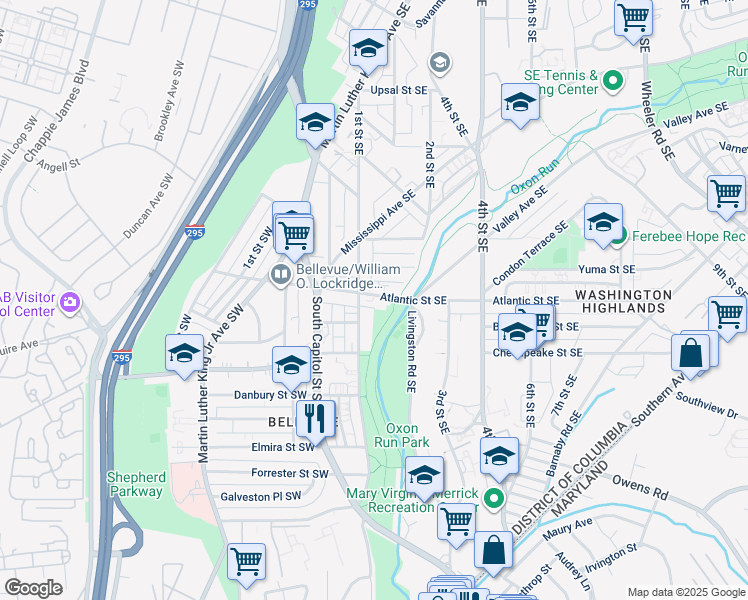 map of restaurants, bars, coffee shops, grocery stores, and more near 101 Atlantic Street Southeast in Washington