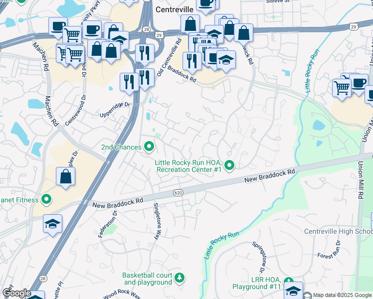 map of restaurants, bars, coffee shops, grocery stores, and more near 6012 Chestnut Hollow Court in Centreville