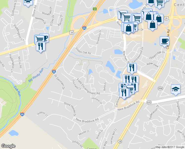 map of restaurants, bars, coffee shops, grocery stores, and more near 14203 Glade Spring Drive in Centreville