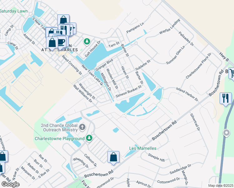 map of restaurants, bars, coffee shops, grocery stores, and more near 3322 Simeon Bunker Street in Saint Charles