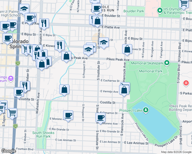 map of restaurants, bars, coffee shops, grocery stores, and more near 901 East Cucharras Street in Colorado Springs