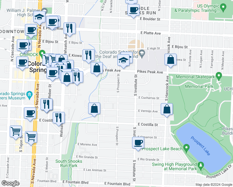 map of restaurants, bars, coffee shops, grocery stores, and more near 749 East Cucharras Street in Colorado Springs