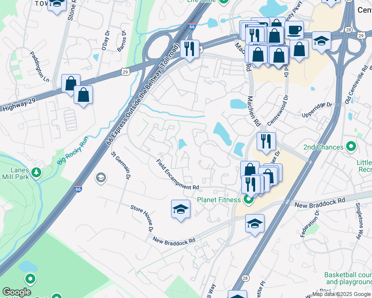map of restaurants, bars, coffee shops, grocery stores, and more near 14203 Glade Spring Drive in Centreville