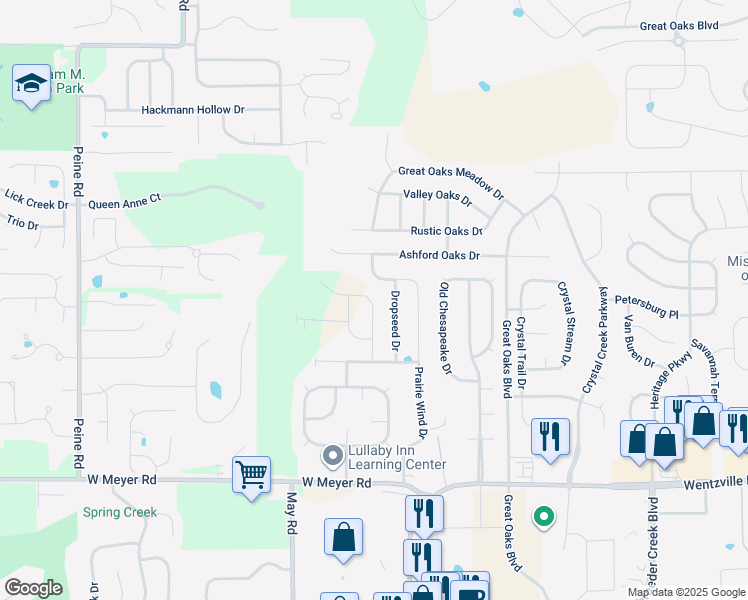 map of restaurants, bars, coffee shops, grocery stores, and more near 573 Prairie Wind Drive in Wentzville
